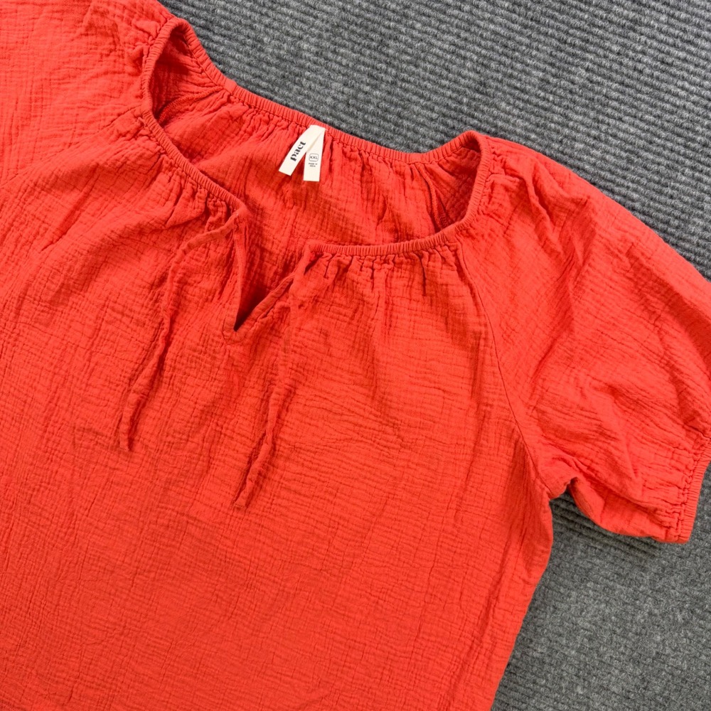 Pact Organic Cotton Gauze Tie Front Top Womens XXL Poppy Red Short Sleeve Blouse - Picture 1 of 11